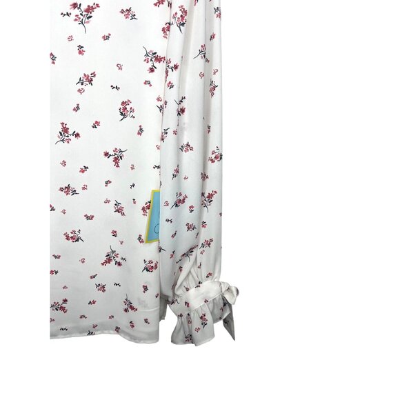 CeCe Breezy Sprigs Ecru Floral Print Long Sleeve V-Neck Tie-Cuff Blouse Large - Picture 13 of 15